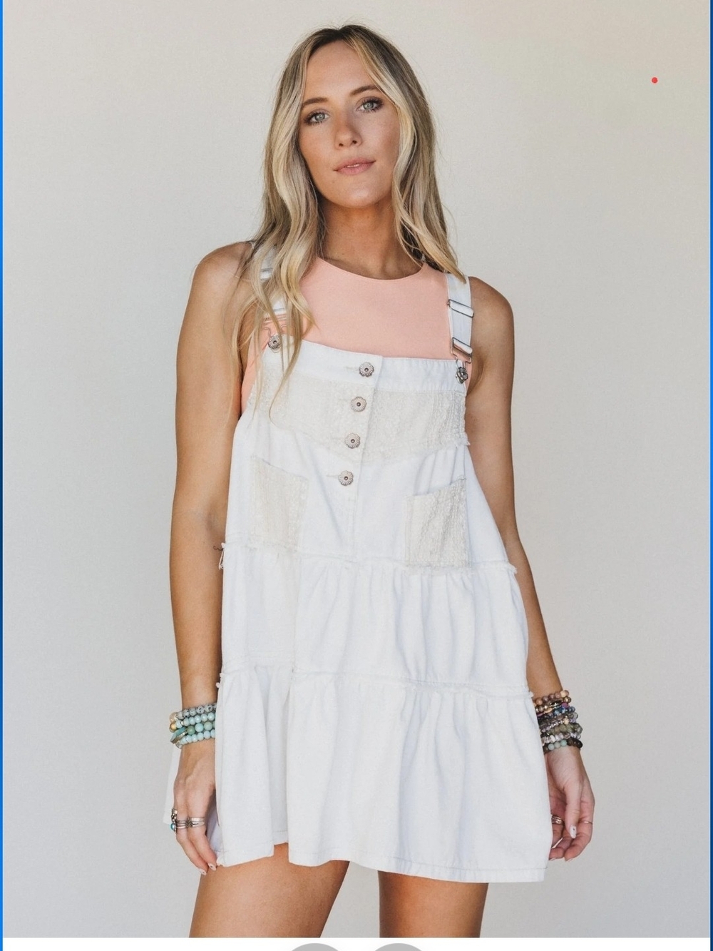 POL White Tiered Pinafore Dress with Peach Tank